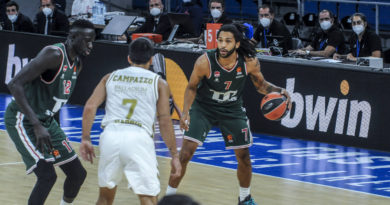 Pierria Henry, Ilimane Diop y Campazzo en partido previo Real Madrid Baskonia